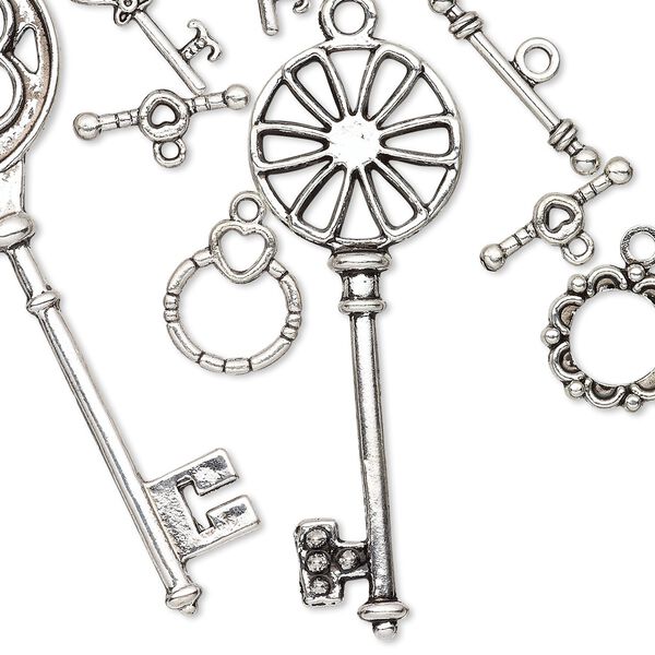 Component, antiqued silver-finished "pewter" (zinc-based alloy), 14.5mm-73x26mm assorted key and toggle clasp. Sold per pkg of 10. image number 0
