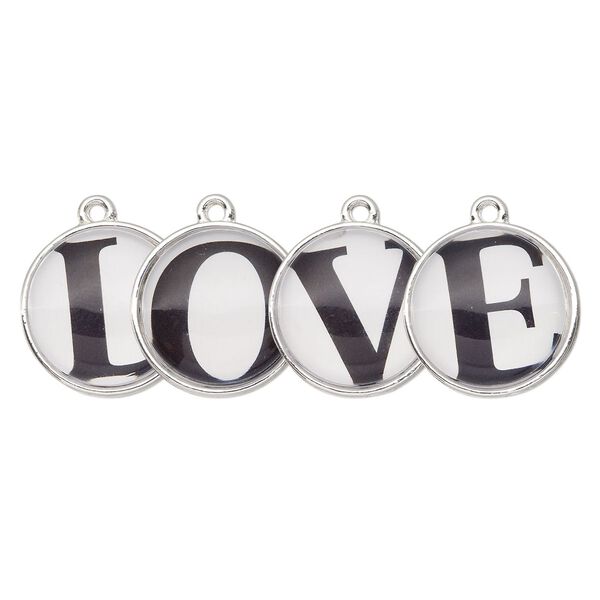 Drop, silver-finished "pewter" (zinc-based alloy) and plastic, black and white, 20mm single-sided domed flat round with "LOVE." Sold per 4-piece set. image number 0