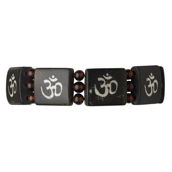 Bracelet, 3-strand stretch, bone (dyed) and glass, black and brown, 17x17mm flat square with Om symbol design, 7 inches. Sold individually. image number 0