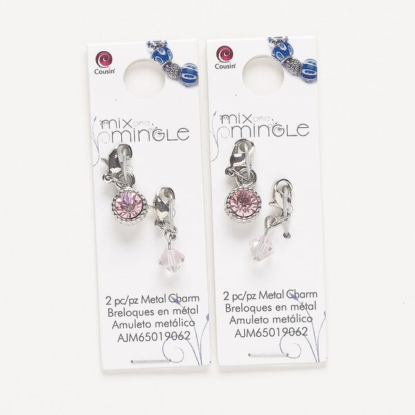 Drop, silver-finished "pewter" (zinc-based alloy) / steel / glass, pink, 22x7mm single-sided and 24x9mm single-sided with lobster claw clasp. Sold per pkg of (2) 2-piece sets. image number 0