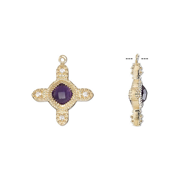 Drop, amethyst (natural) / cubic zirconia / gold-finished sterling silver, clear, 15mm double-sided cross. Sold individually. image number 0