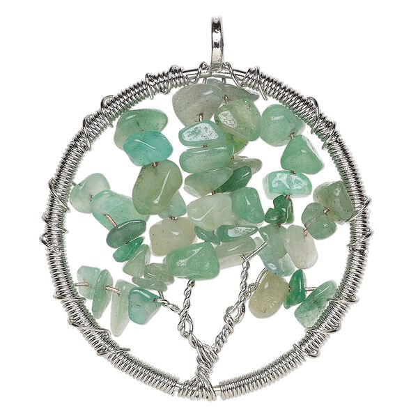Focal, green aventurine (natural) and silver-plated brass, 55x52mm round with wire-wrapped tree design. Sold individually. image number 0