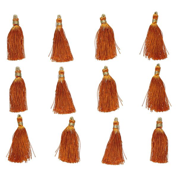 Tassel, silk (imitation) and gold-finished copper, brown, 1-3/4 to 2 inches. Sold per pkg of 12. image number 0