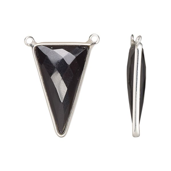 Connector, sterling silver and black onyx (dyed), 25x15mm hand-cut double-sided faceted triangle with 2 closed loops, Mohs hardness 6-1/2 to 7. Sold individually. image number 0