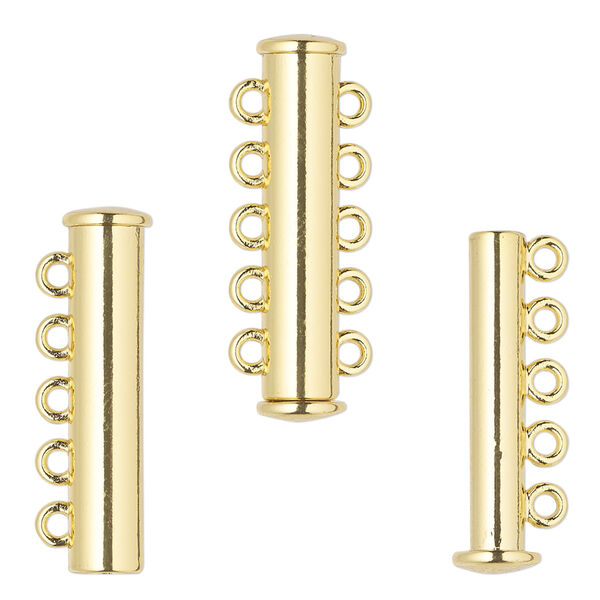 Clasp, 5-strand magnetic slide lock, gold-finished "pewter" (zinc-based alloy), 28x6.5mm tube. Sold per pkg of 2. image number 0