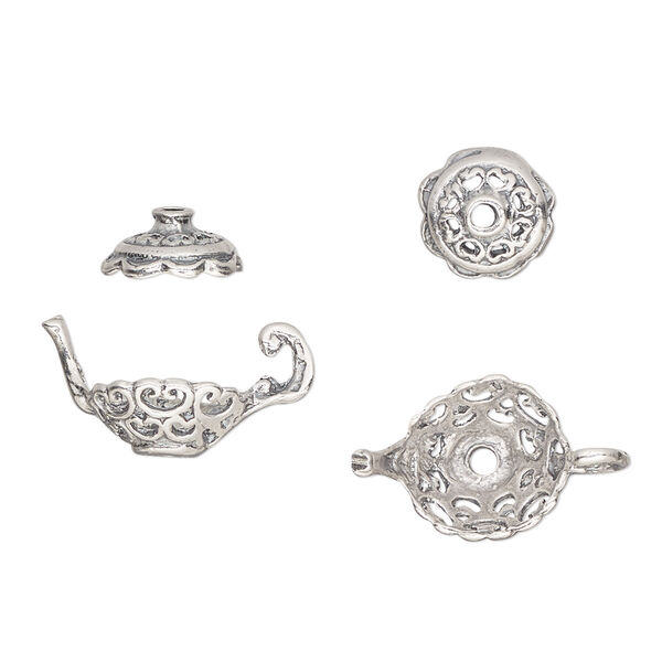 Bead cap, sterling silver, 18x11mm teapot, fits 8-10mm bead. Sold per 2-piece set. image number 0