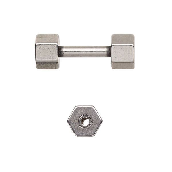 Bead, antiqued stainless steel, 25x8mm hexagonal dumbbell. Sold individually. image number 0