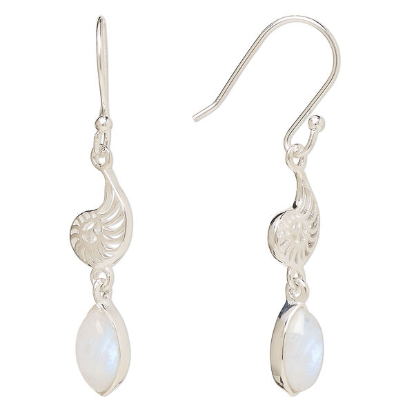 Ear wire, Create Compliments®, antiqued sterling silver and rainbow moonstone (natural), fishhook, 42.5mm with 26.5mm single-sided nautilus, 21 gauge. Sold per pair. image number 0
