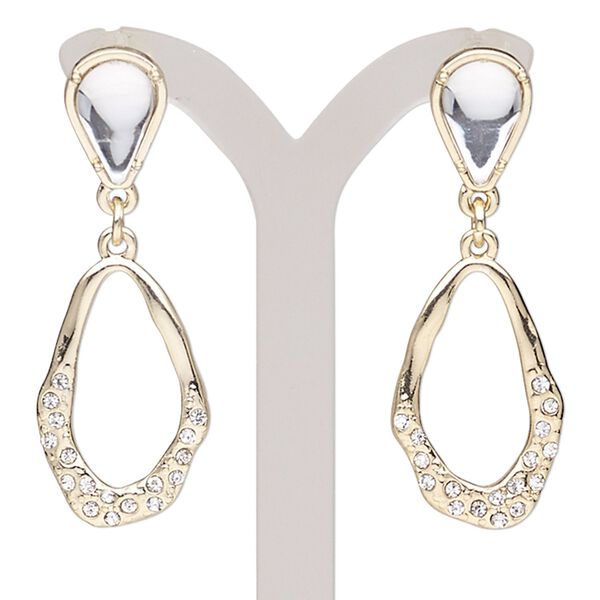 Earring, resin / glass rhinestone / gold-finished steel / "pewter" (zinc-based alloy), clear, 1-1/2 inches with freeform and post. Sold per pair. image number 0