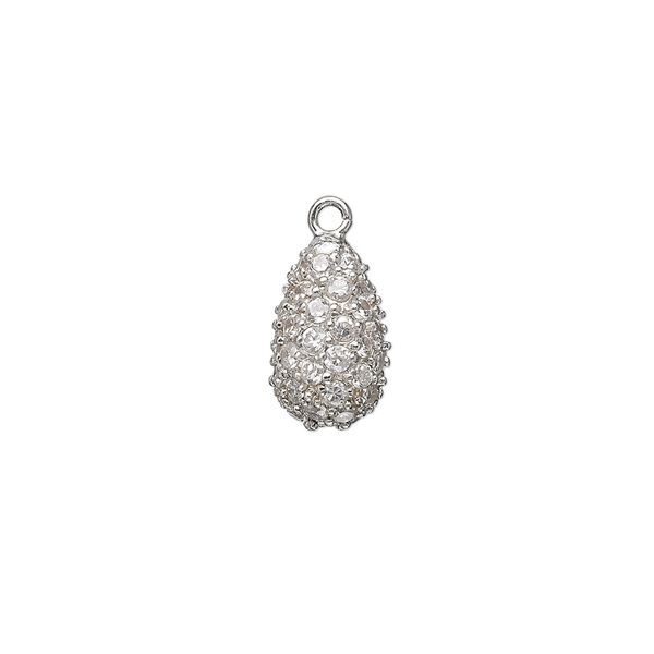 Drop, sterling silver and cubic zirconia, clear, 12x7mm teardrop. Sold individually. image number 0
