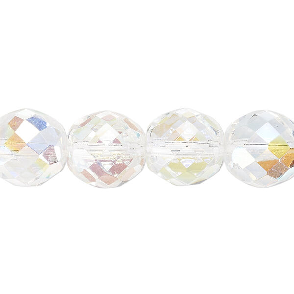 Bead, Czech fire-polished glass, pkg/15-1/2 to 16 inches, 12mm faceted round, clear AB, (00030-28701). image number 0