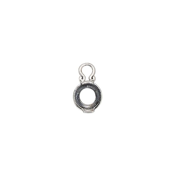 Drop, antiqued sterling silver, 7mm round with dot design and open back with 6mm 2-prong round cabochon setting. Sold individually. image number 0