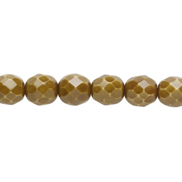 Bead, Czech fire-polished glass, opaque olive with vividi finish and snake pattern, 8mm faceted round. Sold per 6-1/2-inch strand, approximately 20 beads. image number 0