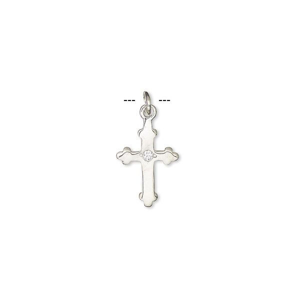 Drop, sterling silver and cubic zirconia, clear, 13x9mm cross. Sold per pkg of 4. image number 0