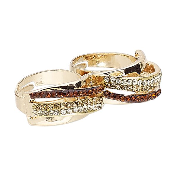 Ring, Egyptian glass rhinestone and gold-finished "pewter" (zinc-based alloy), topaz brown / light topaz brown / light green, 12mm double band, adjustable size 8-3/4. Sold individually. image number 0