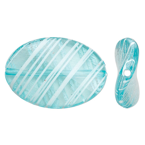 Bead, acrylic, semitransparent blue and white, 35x25mm twisted flat oval with painted line design. Sold per pkg of 28. image number 0