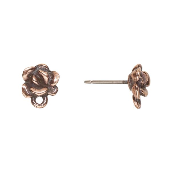 Earstud 1pkg2 TierraCast® antique copper-plated pewter (tin-based alloy) / titanium, 8x7.5mm succulent / closed loop / 3D / renewal theme, 1 pair image number 0