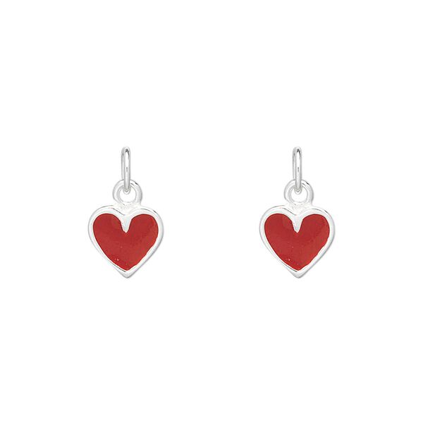 Charm, enamel and sterling silver, red, 8x7mm heart. Sold per pkg of 2. image number 0