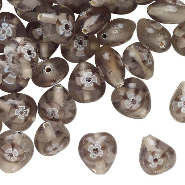 Bead, millefiori glass, translucent grey and light grey, 11x9mm teardrop. Sold per 2-ounce pkg, approximately 80 beads. image number 0