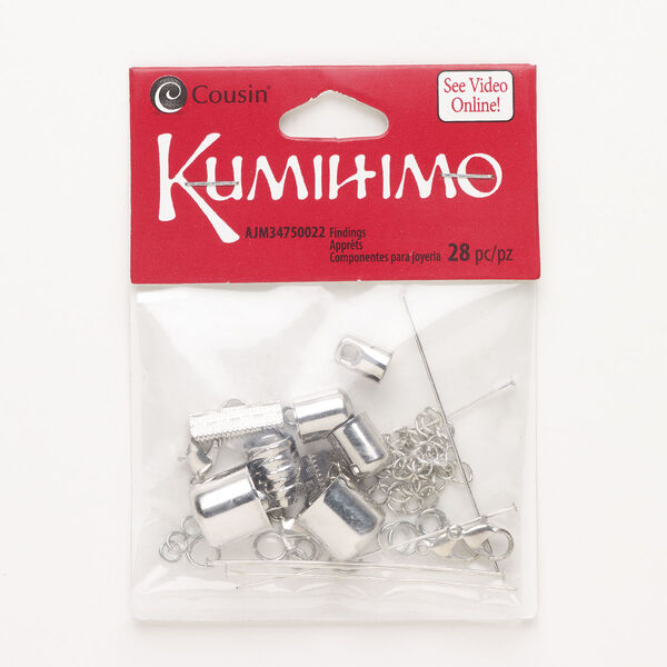 Clasp / cord end / head pin assortment, silver-finished "pewter" (zinc-based alloy) / steel / brass,mixed sizes and shapes. Sold per pkg of 28. image number 0
