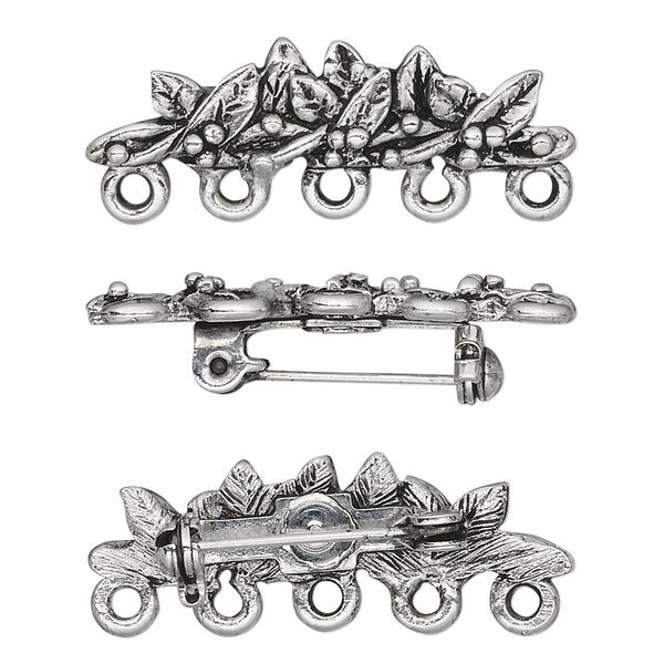 Brooch, antique silver-plated pewter (tin-based alloy), 33x8mm leaves with 5 loops. Sold individually. image number 0