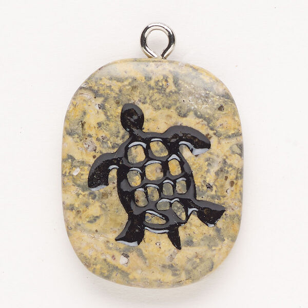 Focal, steel/picture jasper (natural)/enamel, pkg/1, silver finish and black, 30x24mm-39x27mm single-sided puffed freeform with turtle, B grade. image number 0