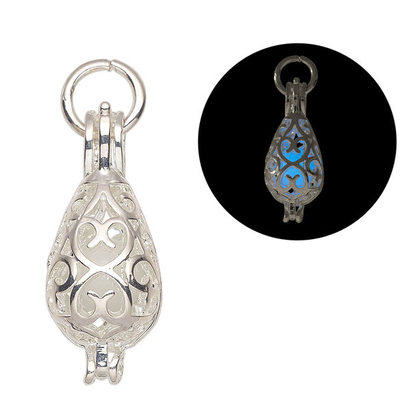 Drop, silver-finished "pewter" (zinc-based alloy) and polystyrene, white glow-in-the-dark, 30x12mm teardrop. Sold per pkg of 2. image number 0