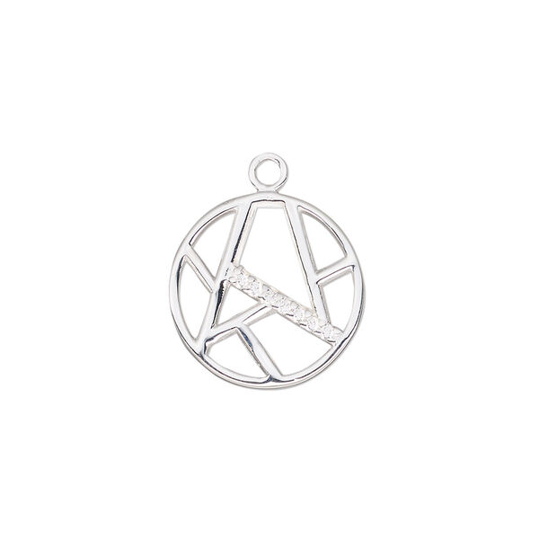 Drop, sterling silver and cubic zirconia, clear, 16mm single-sided round with cutout geometric pattern. Sold individually. image number 0