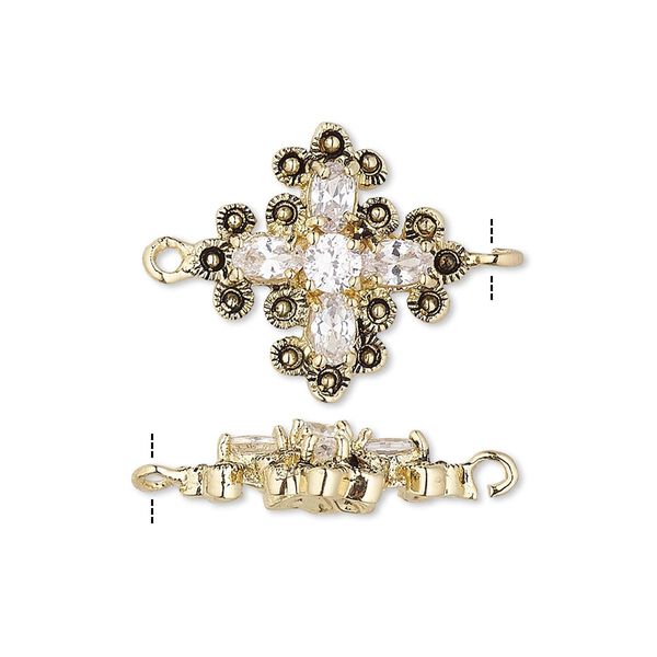 Link, cubic zirconia and antique gold-finished bronze, clear, 19x19mm single-sided cross with 7x3mm faceted oval and 4mm faceted round. Sold individually. image number 0