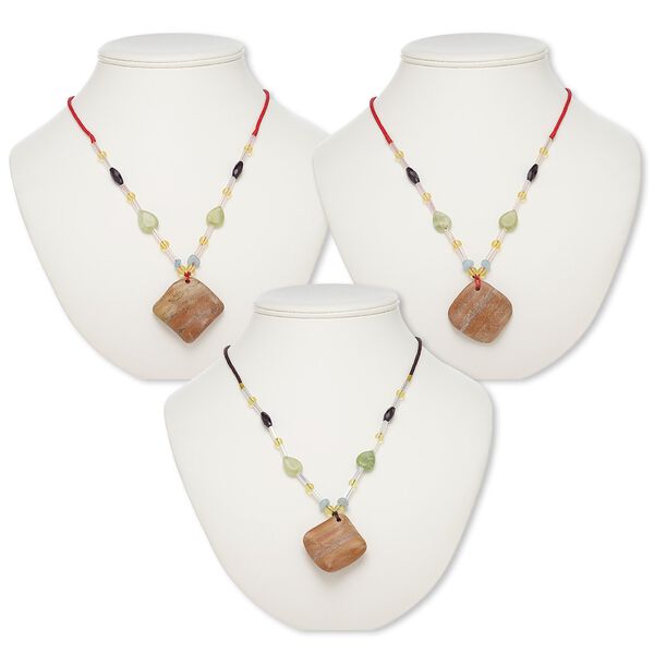 Multi-gemstone / acrylic / glass 1pkg3, wavy diamond pendant necklace mix continuous loop 20-24 inch 41x41mm-42x42mm image number 0