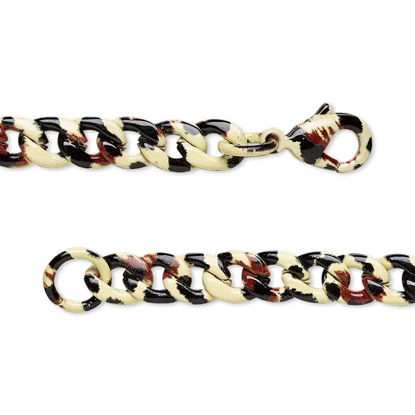 Chain, painted steel, yellow / black / brown, 7.3x5.5mm curb with leopard print pattern, 18 inches with lobster claw clasp. Sold individually. image number 0