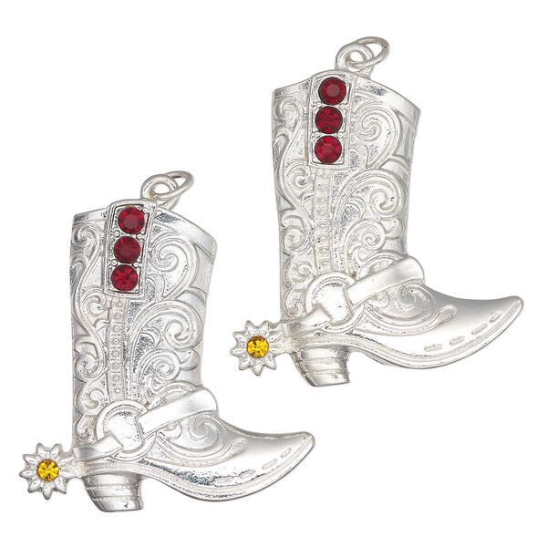 Focal, silver-finished "pewter" (zinc-based alloy) and glass, silver / red / topaz yellow, 39x37mm single-sided boot with steel jump ring. Sold per pkg of 2. image number 0