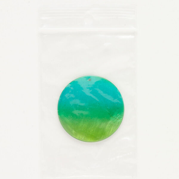 Focal, mother-of-pearl shell (dyed), green and aqua blue, 35mm top-drilled flat round, Mohs hardness 3-1/2. Sold individually. image number 0