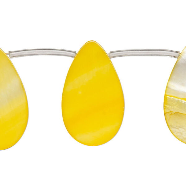 Bead, mother-of-pearl shell (dyed), yellow-orange, 25x6mm-25x8mm top-drilled flat teardrop, Mohs hardness 3-1/2. Sold per 14-inch strand, approximately 15 beads. image number 0