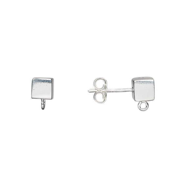 Earstud, sterling silver, 5mm cube with open loop. Sold per pair. image number 0