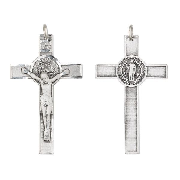 Focal, Britannia pewter (tin-based alloy), 45x27mm two-sided diamond-cut crucifix with Saint Benedict. Sold individually. image number 0