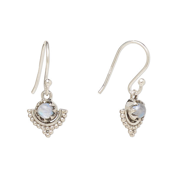 Ear wire, Create Compliments®, antiqued sterling silver and rainbow moonstone (natural), fishhook, 22m with 10mm single-sided beaded moon, 21 gauge. Sold per pair. image number 0