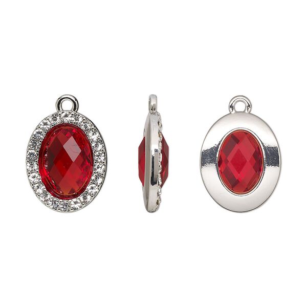 Drop, glass / glass rhinestone / imitation rhodium-finished "pewter" (zinc-based alloy), clear and transparent ruby red, 19x15.5mm single-sided oval. Sold per pkg of 2. image number 0