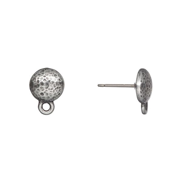 Earstud 1pkg10 TierraCast® pewter (tin-based alloy) / titanium, 9mm hammered round / closed loop / hammertone collection, 5 pair image number 0