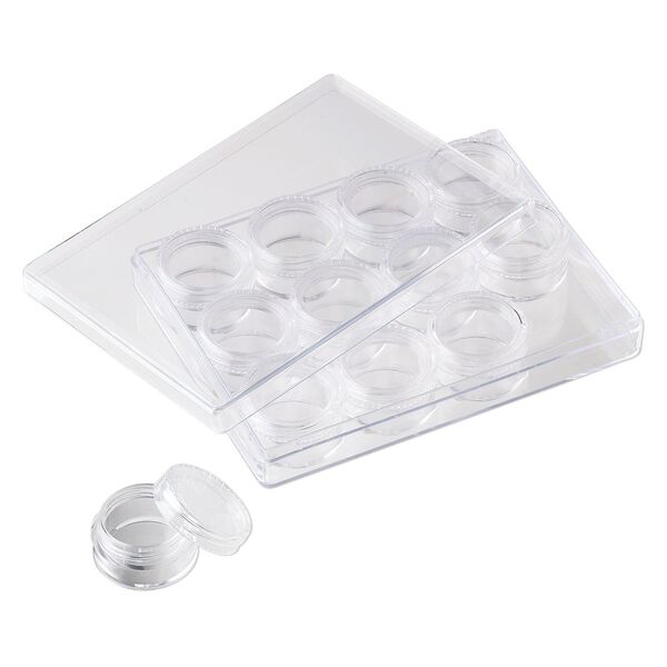 Organizer, plastic, clear, 5 x 3-3/4 x 7/8 inch rectangle, (12) 1-1/8 x 5/8 inch round vials with twist-off lids. Sold individually. image number 1