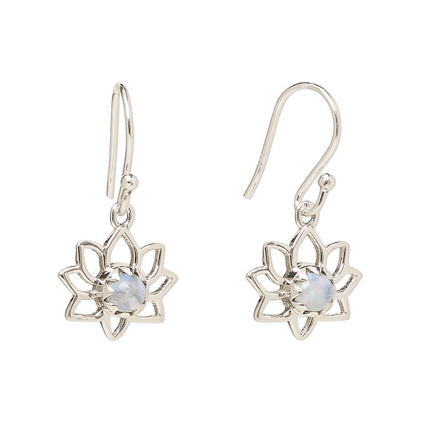 Ear wire, Create Compliments®, antiqued sterling silver and rainbow moonstone (natural), fishhook, 26mm with 14.5x12mm single-sided open lotus, 21 gauge. Sold per pair. image number 0