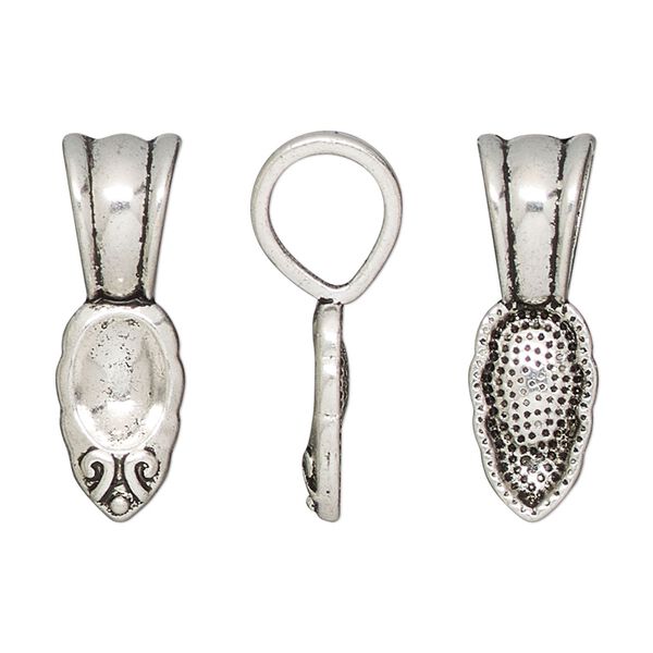 Bail, glue-on, antique silver-finished "pewter" (zinc-based alloy), 25.5x8.5mm leaf with 15x8.5mm pad. Sold per pkg of 10. image number 0