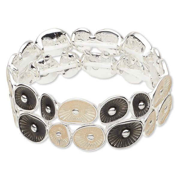 Bracelet, stretch, epoxy and silver-finished "pewter" (zinc-based alloy), dark grey and cream, 23mm wide with circle design, 6 inches. Sold individually. image number 0