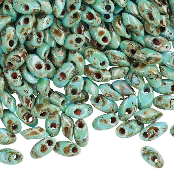 Seed bead, Miyuki, glass, pkg/50g, 7x4mm long magatama, opaque Picasso antique turquoise blue, (LMA-4514). image number 0
