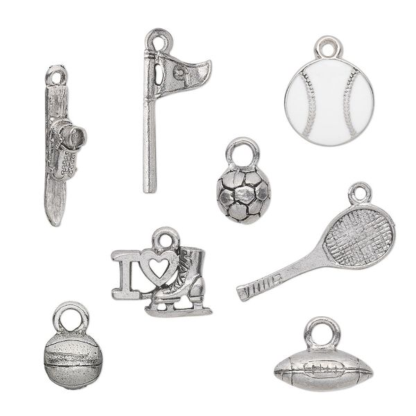 Charm, enamel and antiqued pewter (tin-based alloy), white, 12x2mm-24x14mm sports theme. Sold per 8-piece set. image number 0