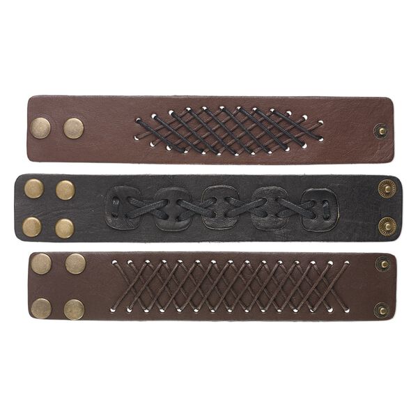 Bracelet mix, leather (dyed) / waxed cotton cord / brass-finished steel, brown and dark brown, 38mm wide, adjustable at 6 and 7 inches with snap closure. Sold per pkg of 3. image number 0