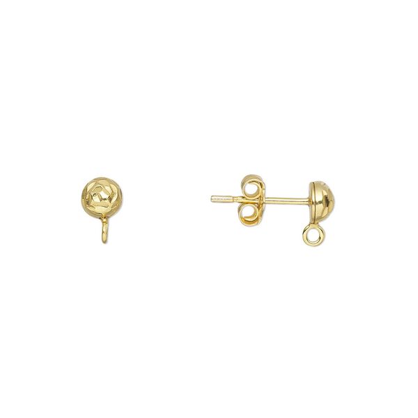 Earstud 1pkg2 sterling silver, 4mm diamond-cut half-ball / closed loop / earnuts, gold-finished 1 pair image number 0