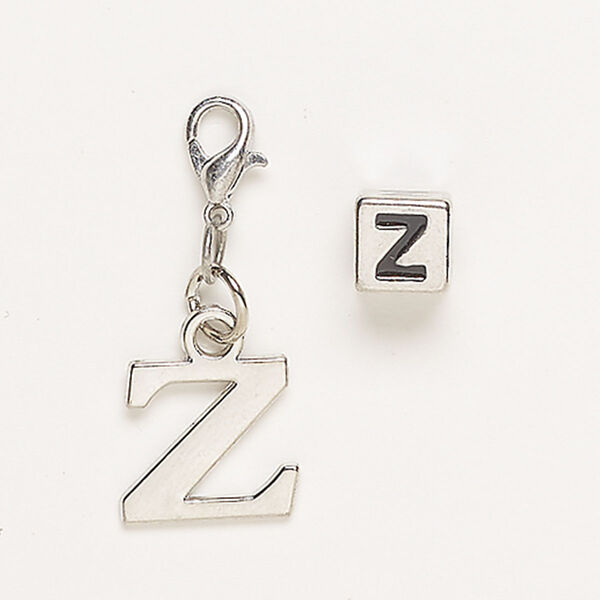 Charm, "pewter" (zinc-based alloy)/steel/enamel, pkg/2, antique silver finish and black, 13x11mm "Z" with lobster claw clasp and 7mm cube with "Z". image number 0