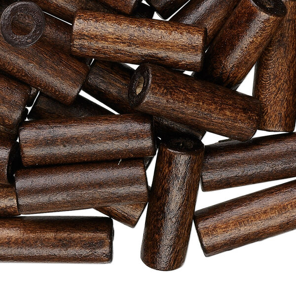 Bead, wood (dyed / waxed), dark brown, 20x7mm hand-cut tube. Sold per pkg of 500. image number 0