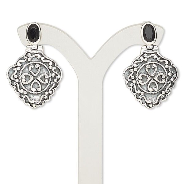 Earring, black onyx (dyed) and antiqued sterling silver, 28mm with diamond and post. Sold per pair. image number 0